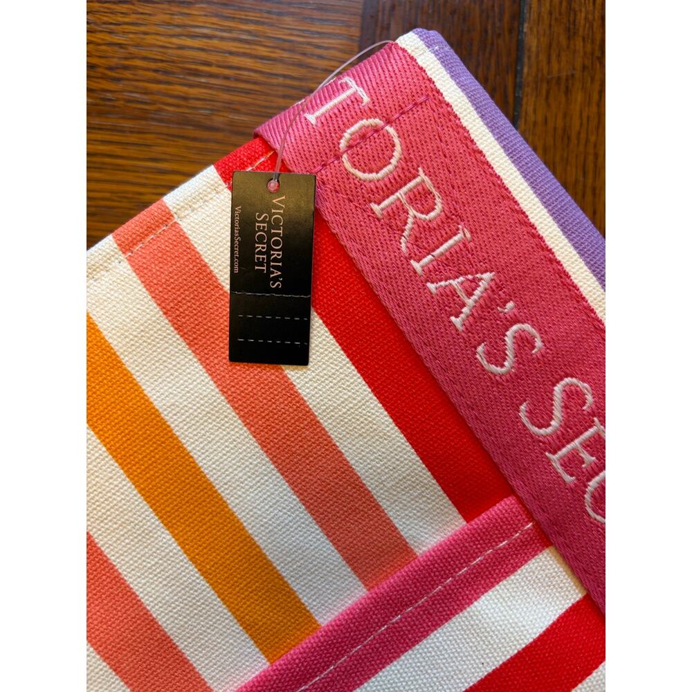 NWT Victoria's Secret Multicolor Striped Canvas Beach Tote Bag Large Summer - Picture 9 of 10